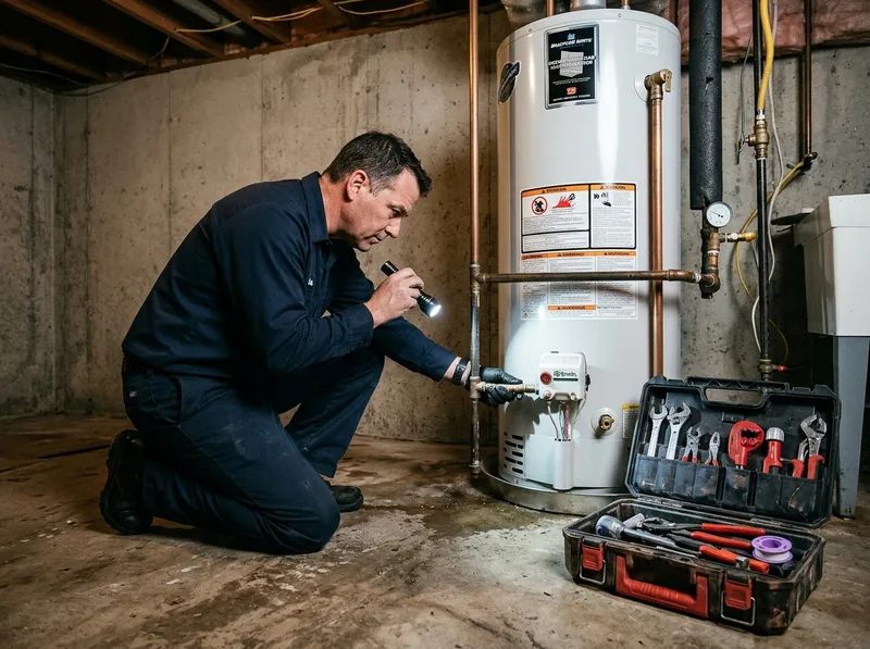 Technician servicing a gas water heater in a basement