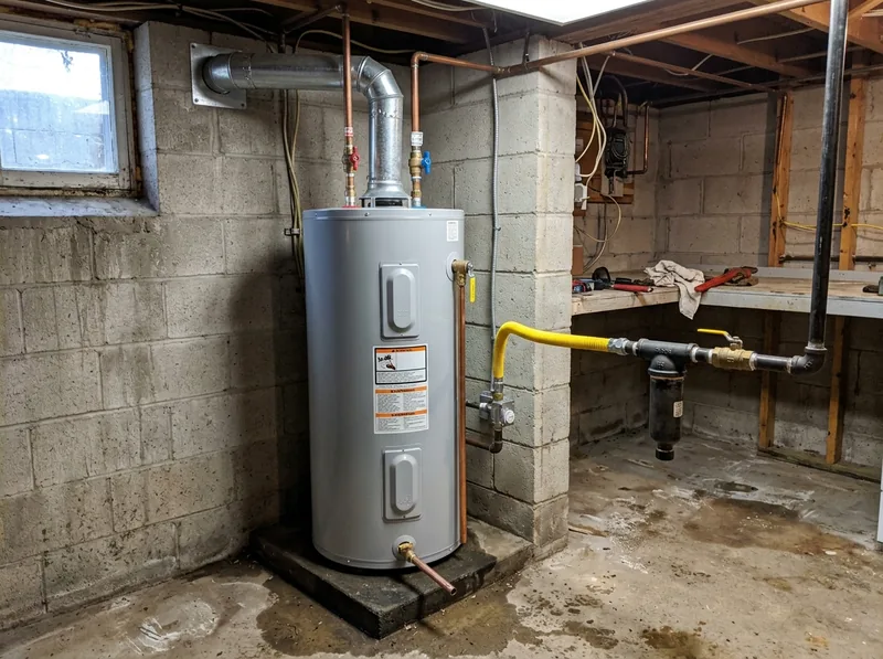 Gas water heater with flue pipe in a basement