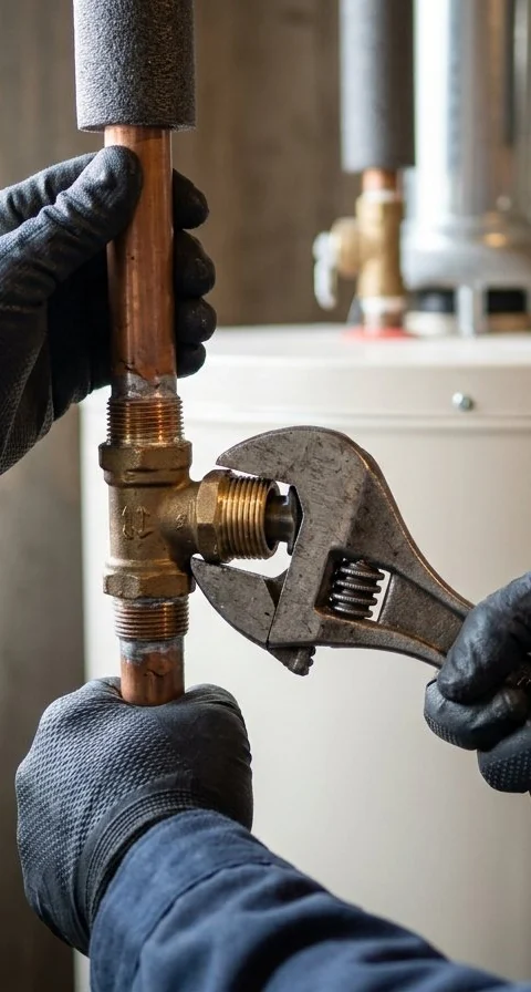 Technician tightening a brass fitting on a water heater supply line